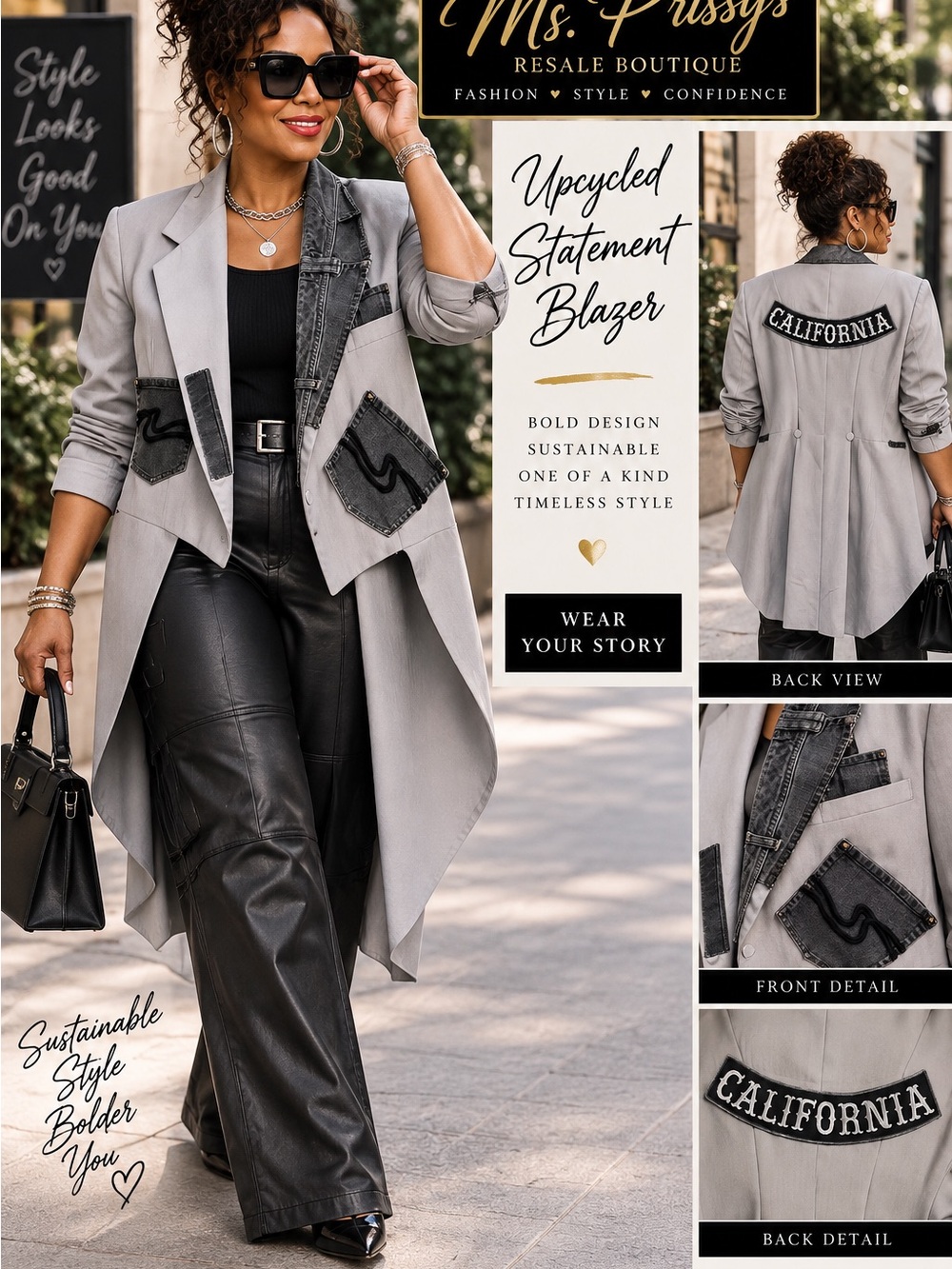 Upcycled Statement Blazer Jacket - Gray
